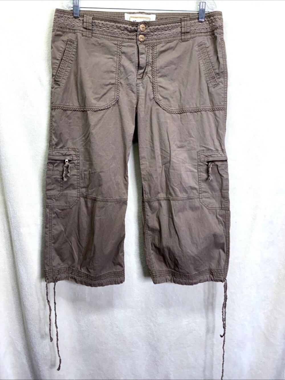 Aventura Organic Cotton Cargo Capri Pants Brown Pockets Zip Lace Women Sz 16 #e